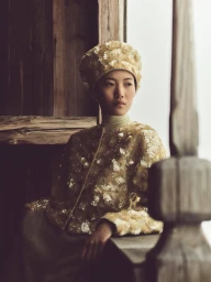 East Asian woman wearing textured gold jacket and matching pillbox hat posing indoors near rustic wooden architectural details.