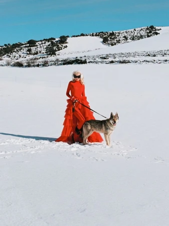 Woman in red gown walks a dog in a snowy landscape under a blue sky, creating a striking contrast between fashion and nature.