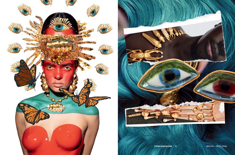 Collage of a person with artistic face and body paint, surrounded by eye motifs and butterflies, along with jewelry closeups on blue hair.