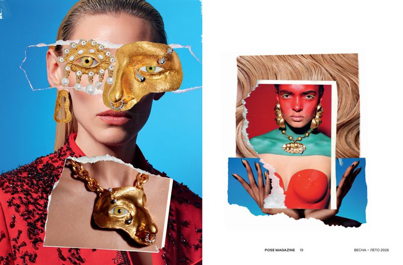 Collage-style portrait of two female models with gold jewelry cutouts against a blue backdrop, editorial fashion photography.