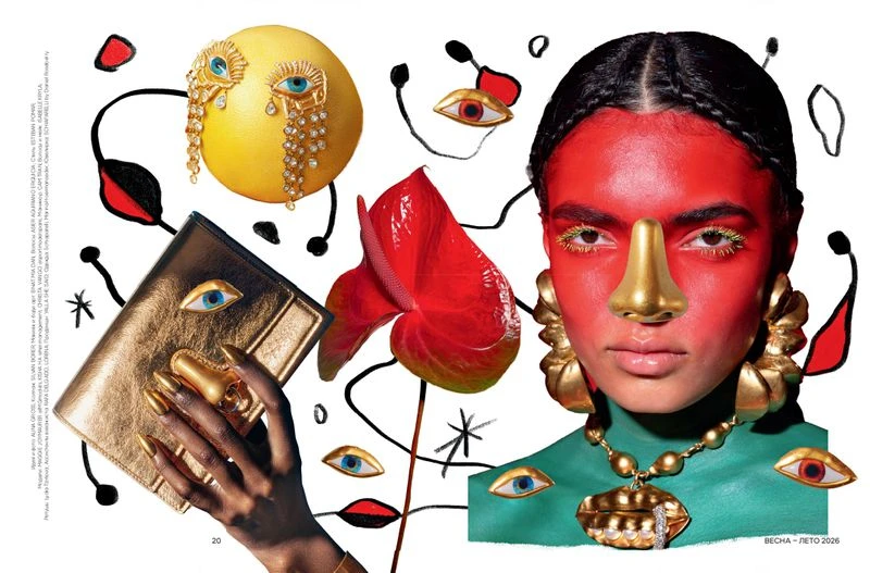 Surreal fashion editorial shot with a model in red face paint and gold accents, set against a white background with whimsical eye motifs.