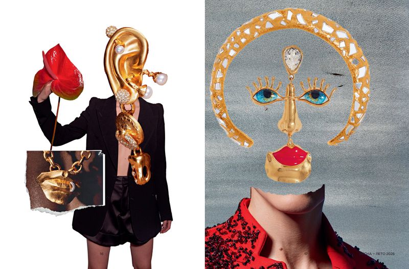 Collage of a model wearing jewelry made to resemble a human head and face and another sculpture of a human face on gray background.