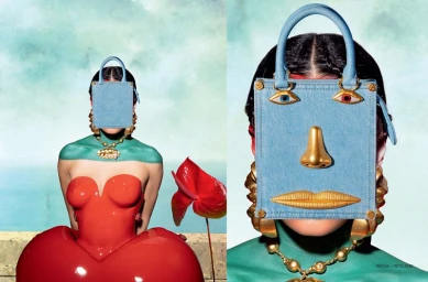 Surreal fashion editorial featuring a model whose face is covered by a blue handbag with sculpted facial features