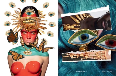 Surreal fashion collage spread featuring a person with red painted skin, gold jewelry, monarch butterflies, and floating eyes against a white background.