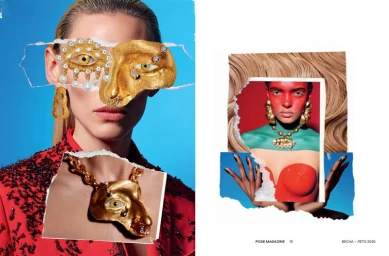 Surreal fashion magazine layout featuring collage elements, gold jewellery, and torn paper effects against a bright blue background.