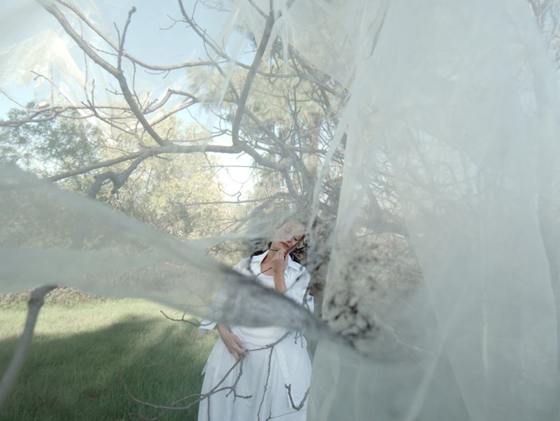 Woman in white dress poses outdoors partially obscured by white fabric and bare tree branches in a sunlit, natural setting.