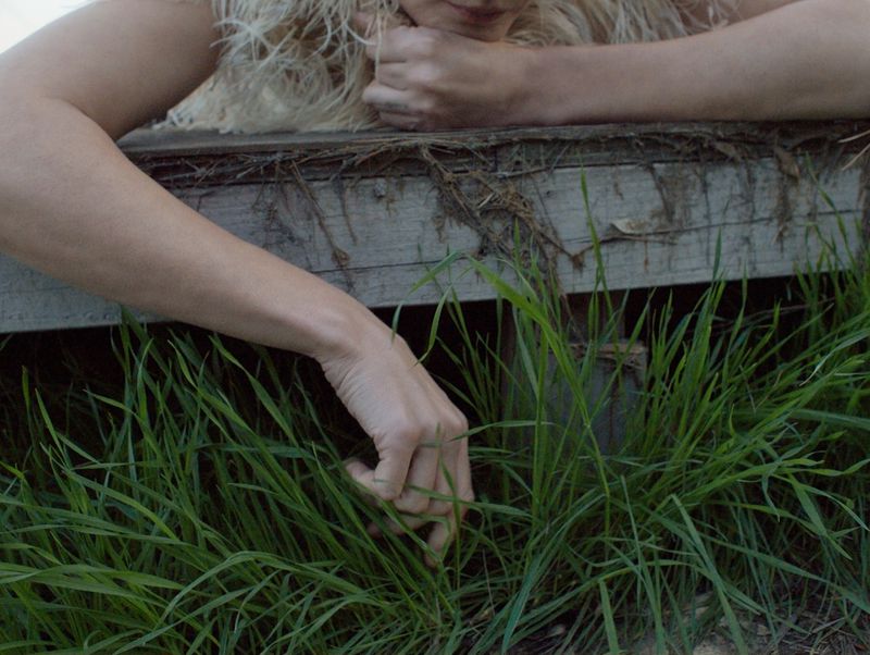 A person's arms and hands are the primary focus, resting on a weathered wooden surface surrounded by vibrant green grass blades.