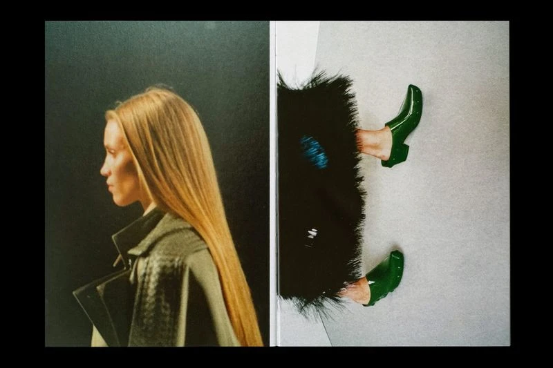 Fashion editorial shot of a blonde woman in profile with coat next to a leg wearing shiny green shoes next to a fur coat on white.