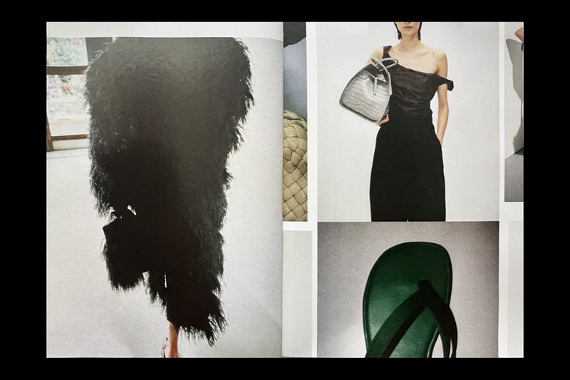 Fashion editorial featuring woman in black dress with handbag, plus fringe dress and sandal, set against a white studio backdrop.