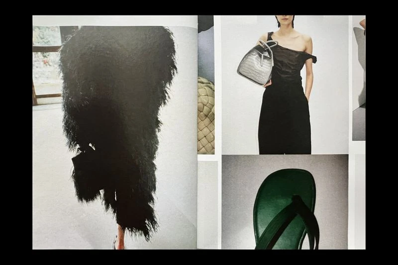 Fashion editorial featuring woman in black dress with handbag, plus fringe dress and sandal, set against a white studio backdrop.