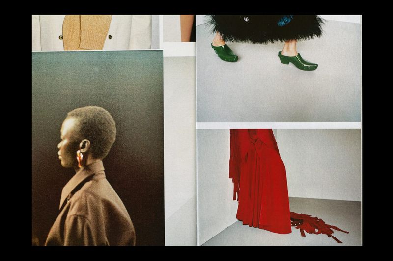 Fashion editorial layout featuring a woman in profile, green clogs, and a red dress against a muted background with neutral tones.