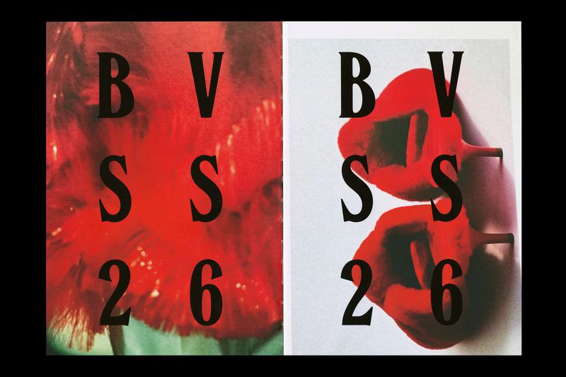 Split image featuring abstract red shapes alongside bold black text, creating a visually striking and modern composition with a studio aesthetic.