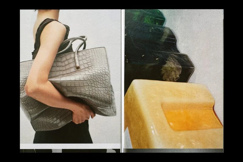 Cropped shot of an adult female carrying a large gray crocodile-texture tote bag, contrasted with a still life of pale yellow forms.