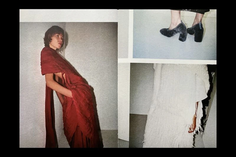 Magazine collage featuring a model draped in red fabric, gray velvet heels, and a white fringed garment against a neutral background.