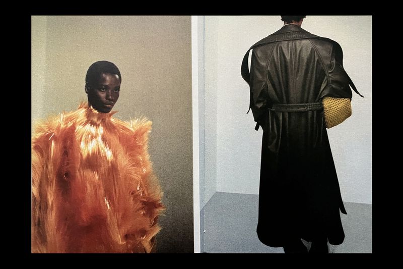 Two-panel fashion editorial: woman in orange textured dress looking left; person in black coat and woven bag looking right.