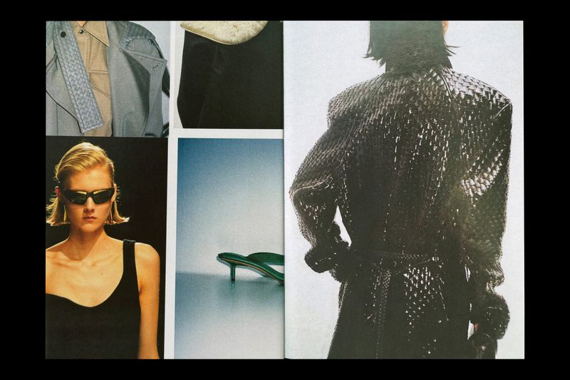 Fashion magazine spread featuring an adult female model in sunglasses, a structured coat, high-heeled shoes, and clothing details.