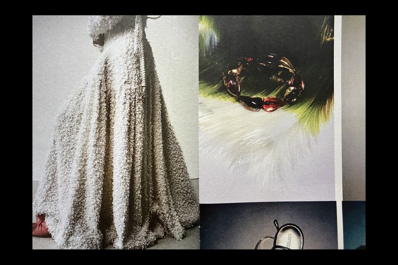 Textured fabric gown, amber bracelet detail, fashion editorial with textile focus, studio lit, and product photography aesthetics.