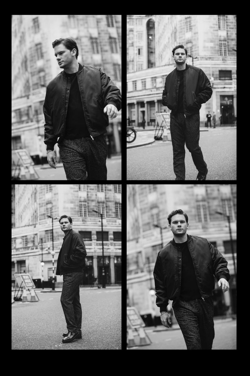 Monochrome portrait of a man in a bomber jacket, walking on a city street, presented as a four-panel grid.