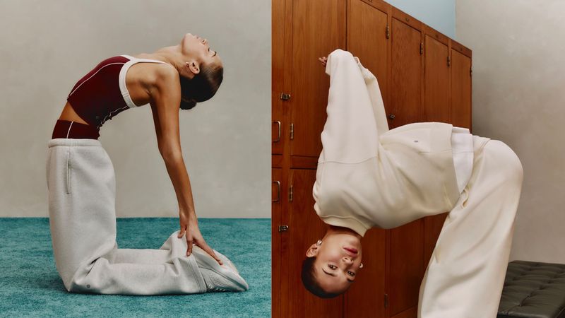 Two photos of an adult woman in athletic wear doing yoga poses with her back arched; one on a teal rug, the other near lockers.