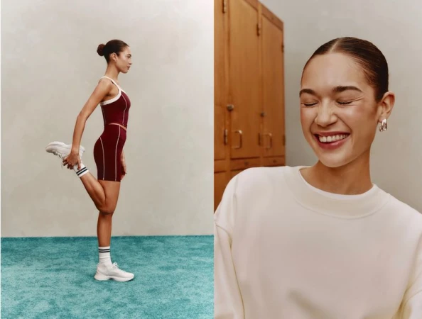 Woman in athletic wear stretching leg and smiling indoors in a split image, showcasing fitness and style.