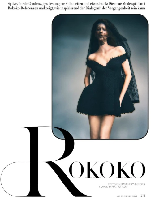 Fashion editorial shot featuring a female fashion model in a black off-the-shoulder mini dress and veil, with bold Rococo-style typography.