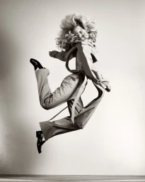 Model Iselin Steiro jumping in a trench coat and dress shoes against a seamless neutral backdrop.