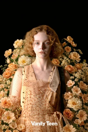 Portrait of a young woman with curly red hair in a floral dress surrounded by peach and white roses against a dark background.