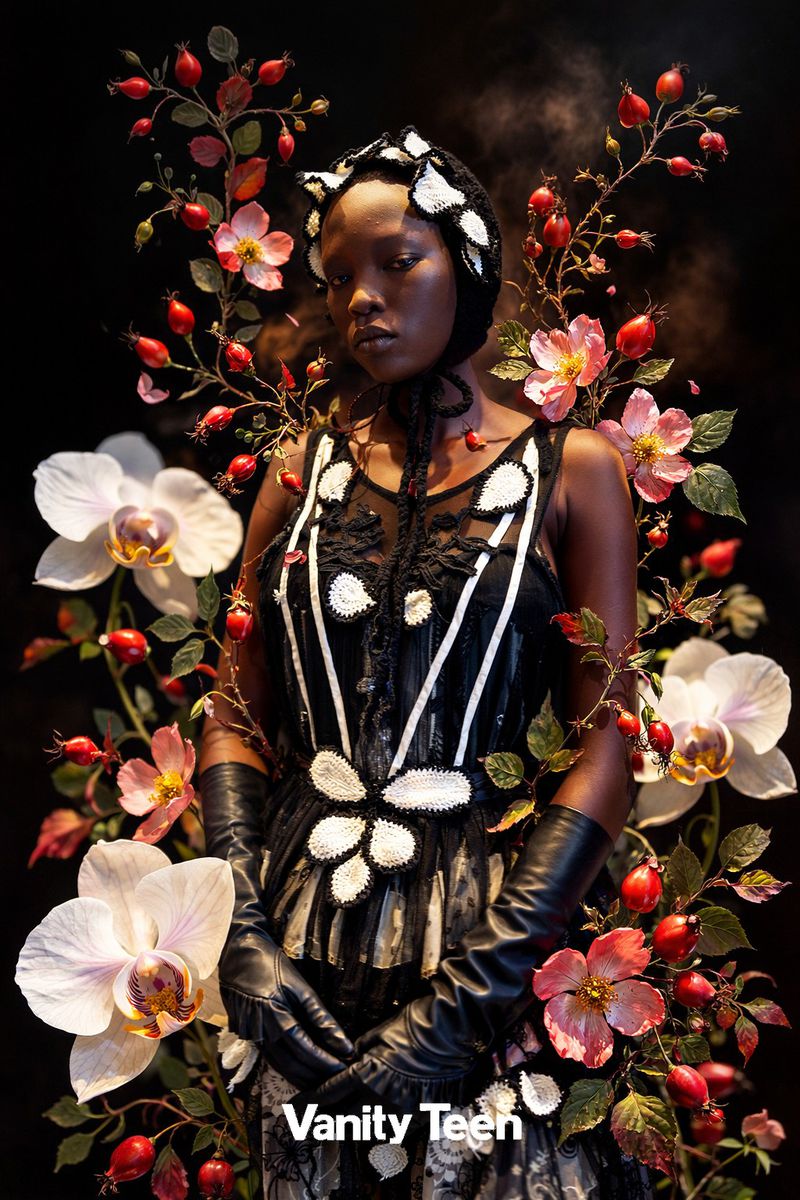 Portrait of a Black woman in a black and white dress with black gloves, surrounded by dog roses and white orchids on a black background.