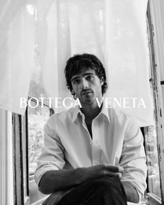 Jacob Elordi wearing a white shirt in a black and white portrait for Bottega Veneta Fall 2025 campaign