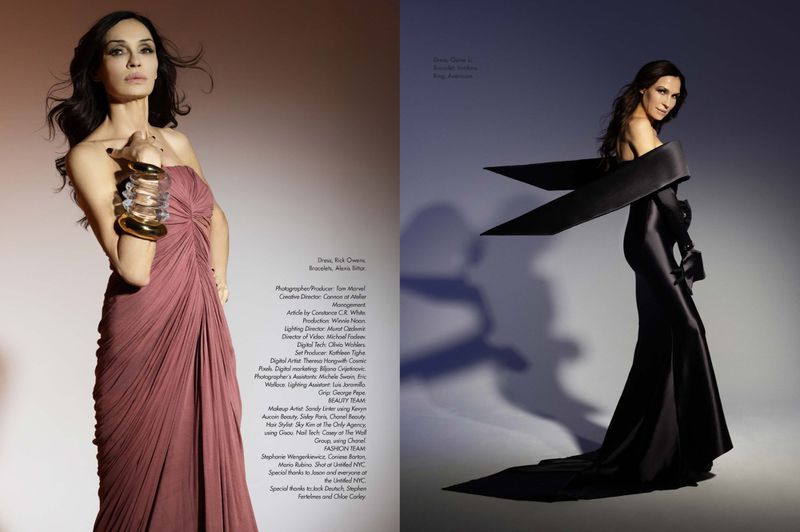 A woman in formal gowns poses in split-screen studio fashion photography, showcasing gold bracelets and elegant dresses against gradient backdrops.