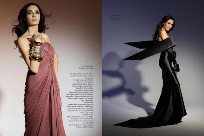 A woman in formal gowns poses in split-screen studio fashion photography, showcasing gold bracelets and elegant dresses against gradient backdrops.