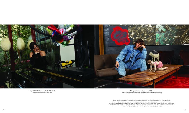 Fashion editorial spread shows a woman in a denim suit on a brown couch, juxtaposed with a woman by a piano in a verdant greenhouse.