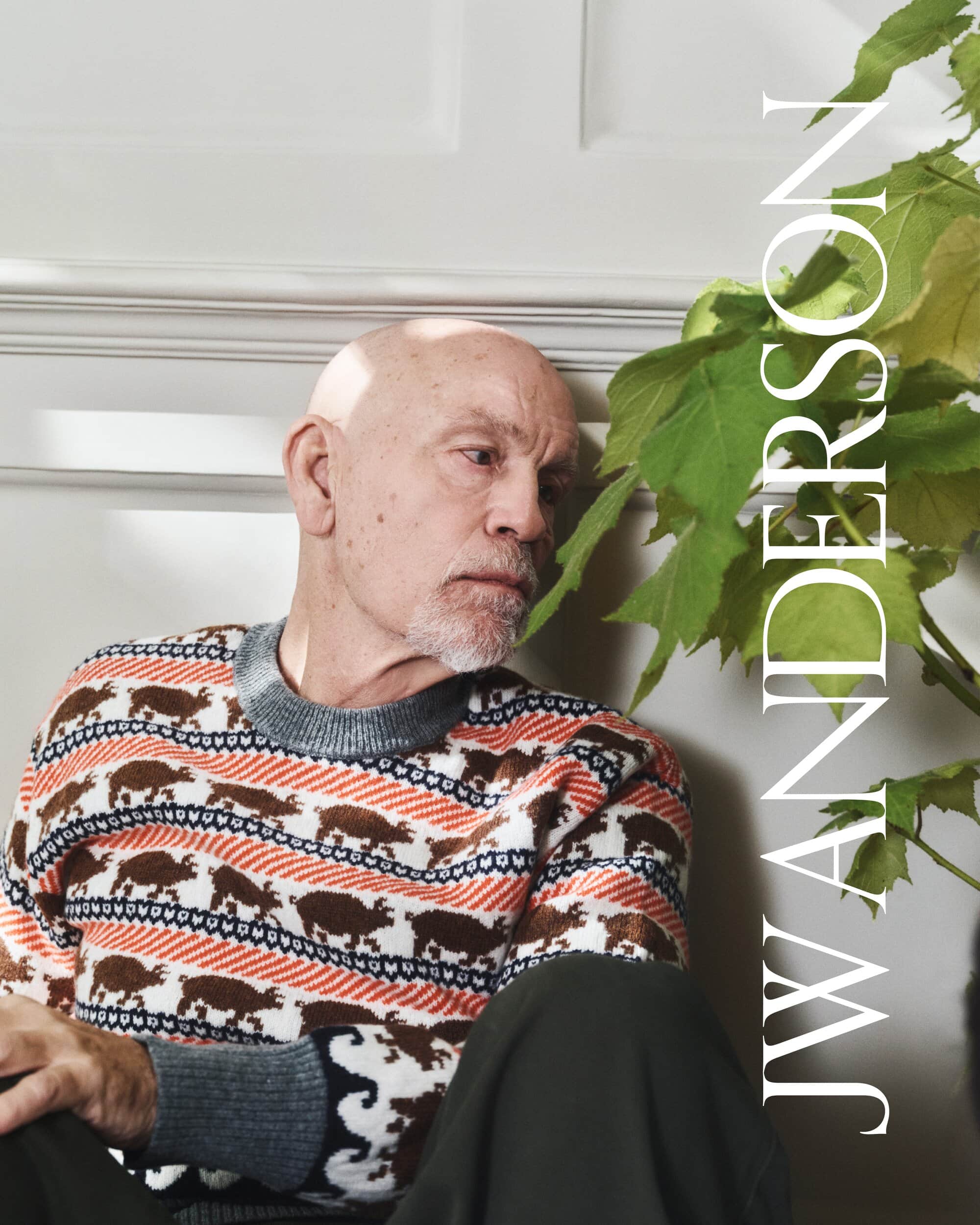Close-up studio shot of an adult male wearing a sweater with an animal pattern, green pants, and sitting next to a potted plant.
