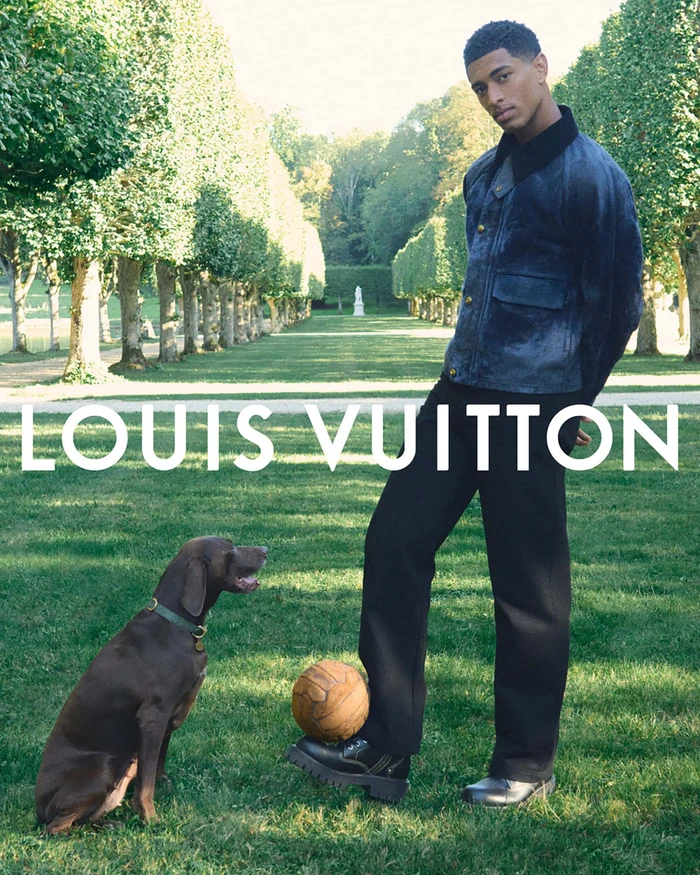 Jude Bellingham wearing a blue jacket posing in a tree-lined garden with a brown dog resting on the grass next to a leather football