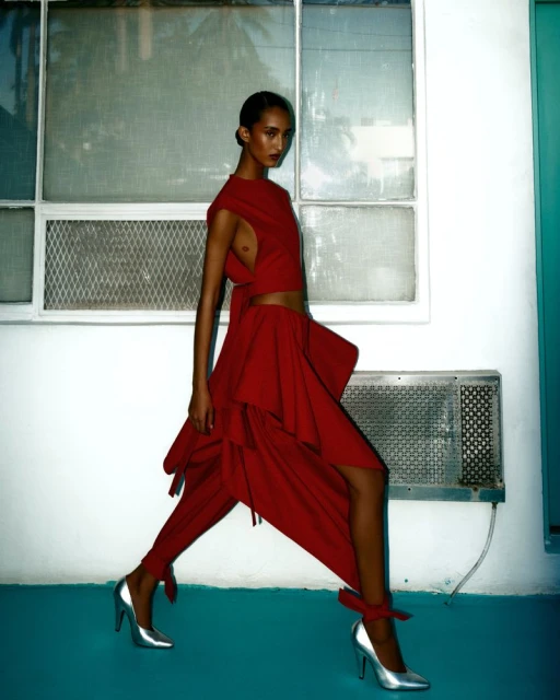 Fashion model in a red two-piece outfit and silver high heels walks in front of a white and teal exterior wall with a window.