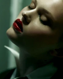 Close-up portrait of a woman with closed eyes wearing glossy red lipstick and a white collared shirt