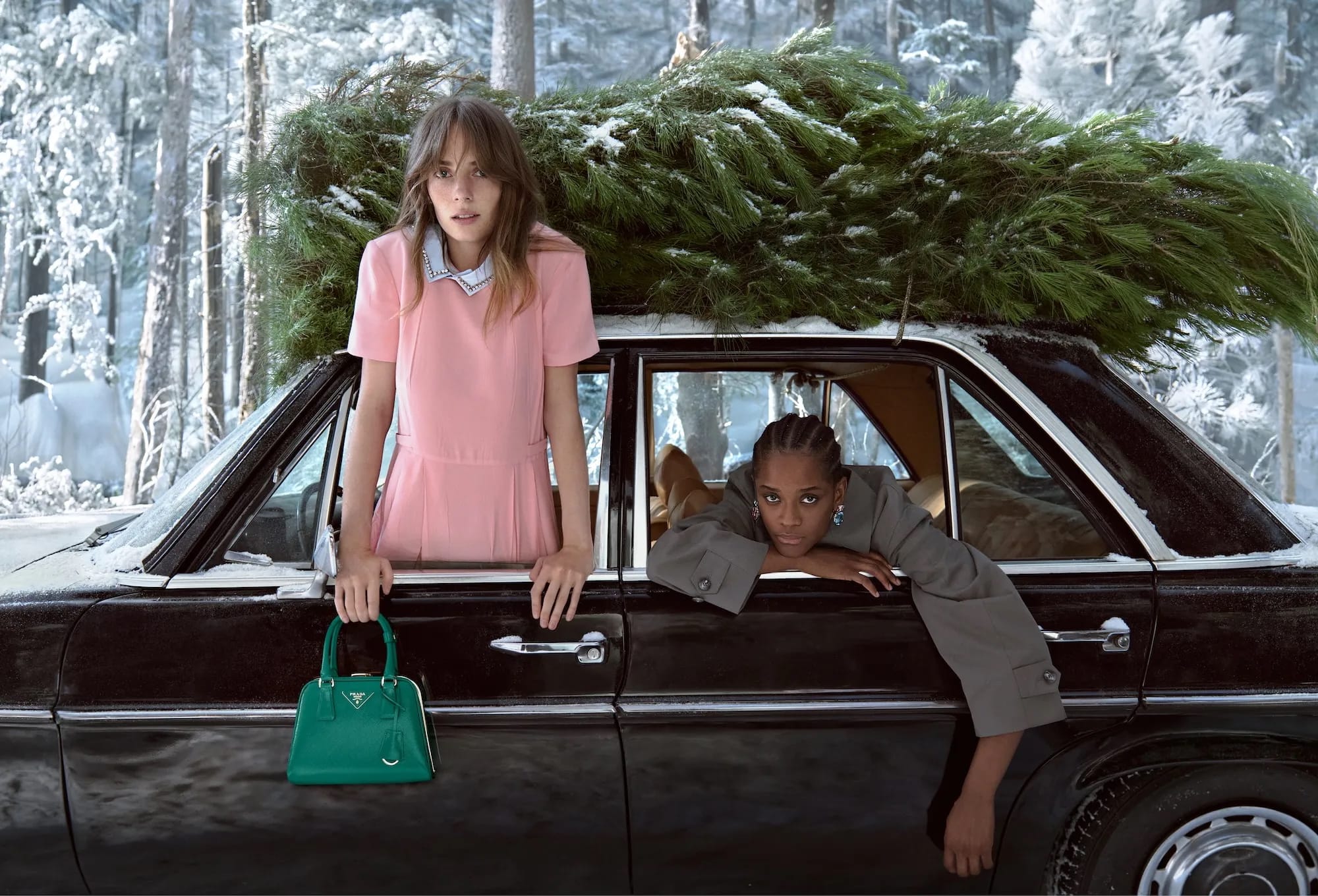 Two adult women pose leaning out of a black car in a snowy forest with a large evergreen tree strapped to the roof.