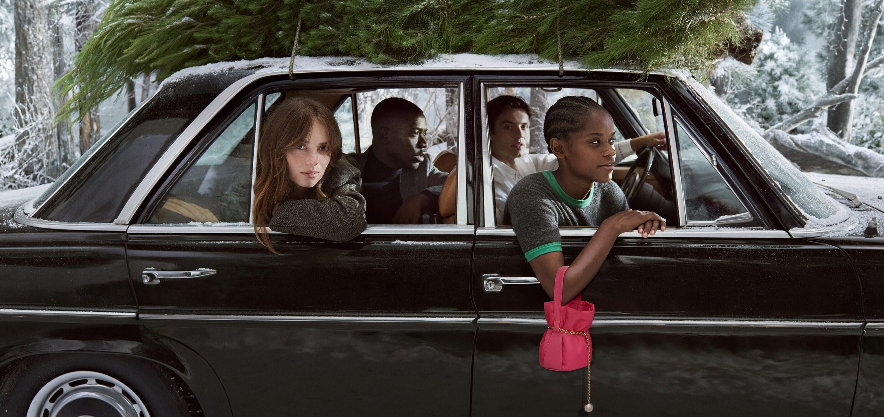Group of four people inside a vintage car in a wintery forest with a Christmas tree tied to the roof, showcasing a pink purse.