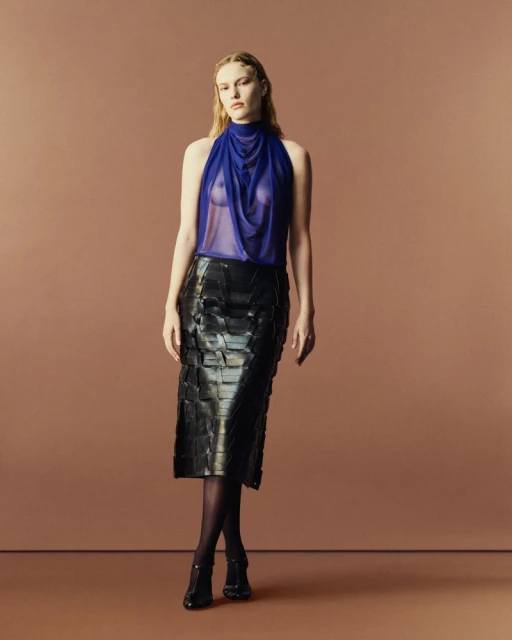 Full-length portrait of an adult woman in a sheer blue halter top and a black leather skirt against a brown background in a studio.