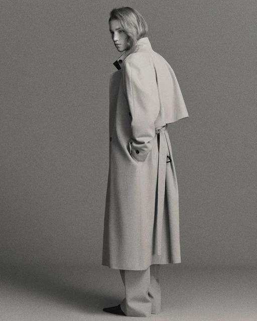 Full-length shot of an adult female with fair skin and blonde hair wearing a neutral trench coat and standing in a photo studio.