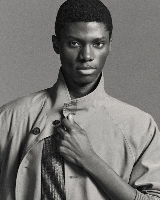Monochrome portrait of an African American man wearing a collared jacket, standing indoors against a solid grey backdrop. Beauty and fashion.