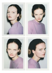 Four-panel polaroid grid showing a female model in a lilac knit sweater against a plain white studio background.