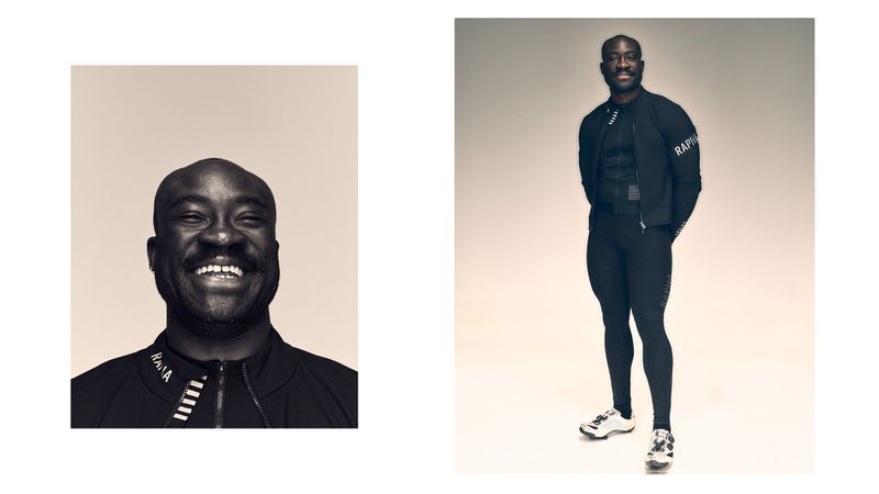 Full and close-up views of an African-American male athlete in cycling gear against a neutral backdrop. He is smiling and looking forward.