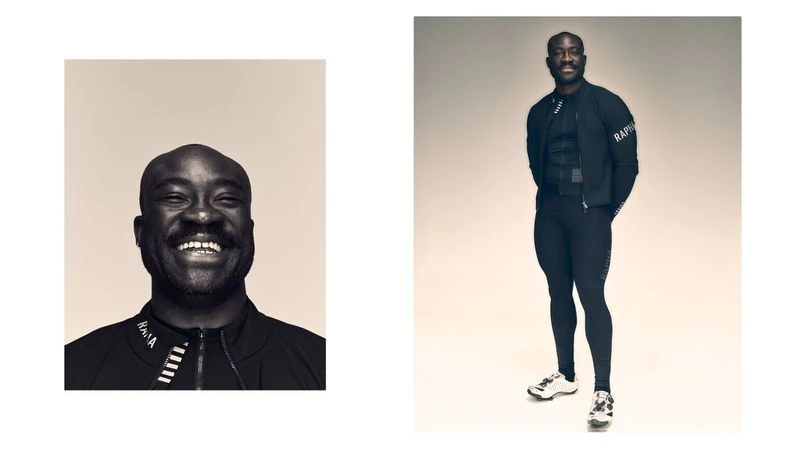 Full and close-up views of an African-American male athlete in cycling gear against a neutral backdrop. He is smiling and looking forward.
