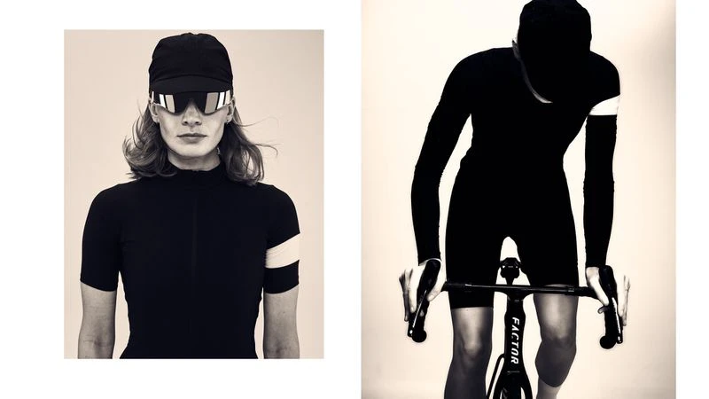 Two monochrome photos showing a cyclist in black athletic wear, cap, and mirrored sunglasses. The cyclist poses on and off their bicycle.
