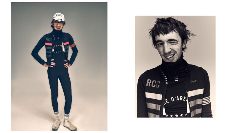 Person in cycling outfit poses in photo studio. Black and white close up of a cyclist winking. Fashion shot with sporty style.