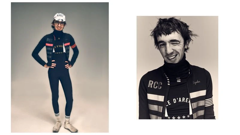 Person in cycling outfit poses in photo studio. Black and white close up of a cyclist winking. Fashion shot with sporty style.