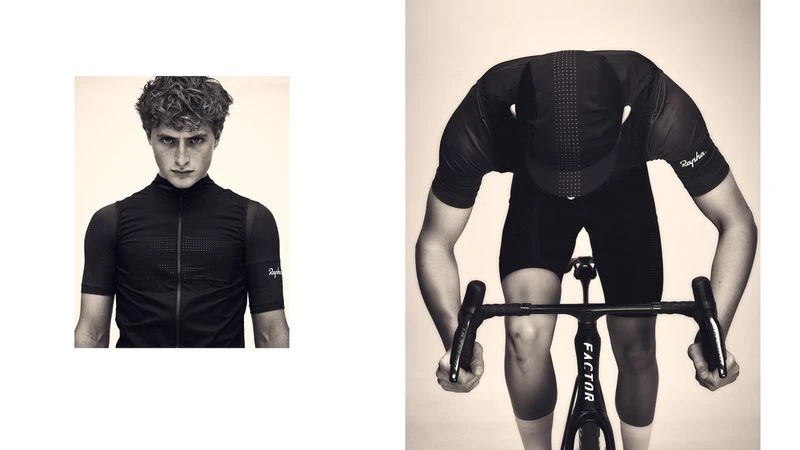 Two cycling athletes wearing Rapha clothing: one portrait and one on a bike, both in black and white for a fitness advertisement.