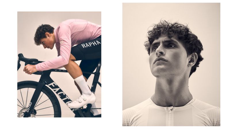 A tanned male cyclist on a bike with Rapha gear, contrasted with a portrait of the same man looking upwards in monochrome.