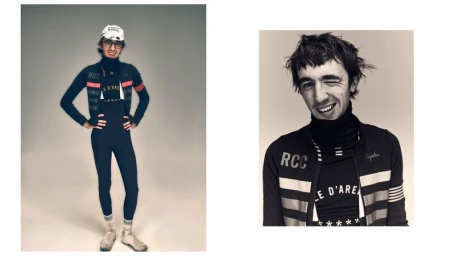 Man wearing Rapha cycling jersey and bib tights with cap and glasses against a grey studio background